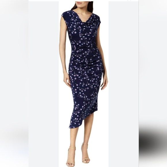 NEW..VINCE CAMUTO...Elegant Navy Blue Dress with Pink Accents..SIZE:L - Picture 1 of 16